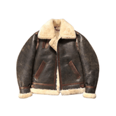 Men's B3 Bomber Shearling Coat in gray green color with a fur collar and leather details.