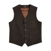 A men's tweed hunting vest in brown color with button closures and multiple pockets, featuring a horn buckle and brass buckleback.