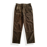 A pair of men's brown corduroy work pants with multiple pockets and a mid-waist closure.