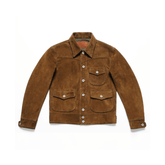 A brown suede jacket with a pointed collar, button-up front, chest flap pocket, and lower flap pockets, displayed flat against a white background.