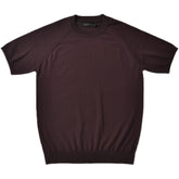 A brown crew neck knitted T-shirt with short sleeves.