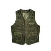 Men's olive green corduroy vest with V-neck, button closure, and pockets.