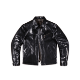 A shiny black leather jacket with a front zipper, zippered chest pocket, and zippered hand pockets, shown against a plain white background.