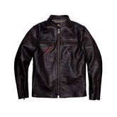 A black motorcycle leather jacket with a stand collar, zipper closure, and zippered chest pockets. It features red accent color on the zippers and lining.