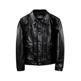 Black leather jacket with brown buttons on a white background