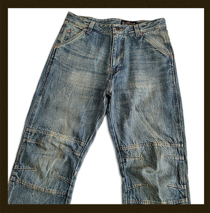 Men's Washed Distressed Whiskers Jeans Light Blue