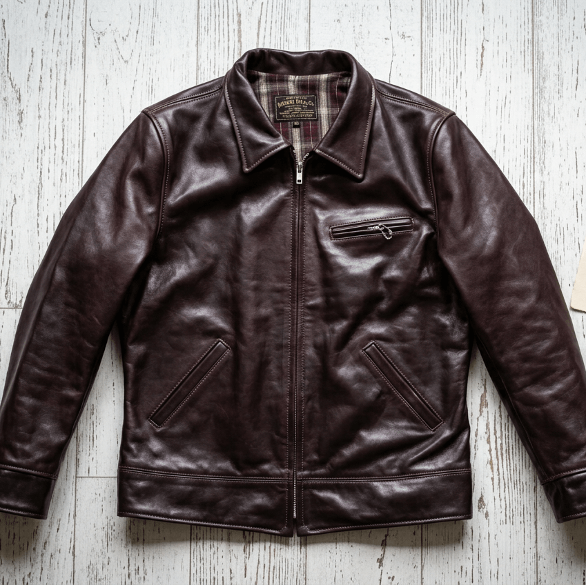 A dark brown leather jacket with a zippered front and chest pocket, laid flat on a white wood plank background next to a small handwritten note.
