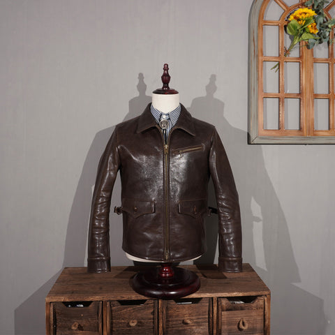 Men's 1930s newsboy leather jacket in black, crafted from cowhide with an open collar, front zipper closure, chest pocket, and side pockets.