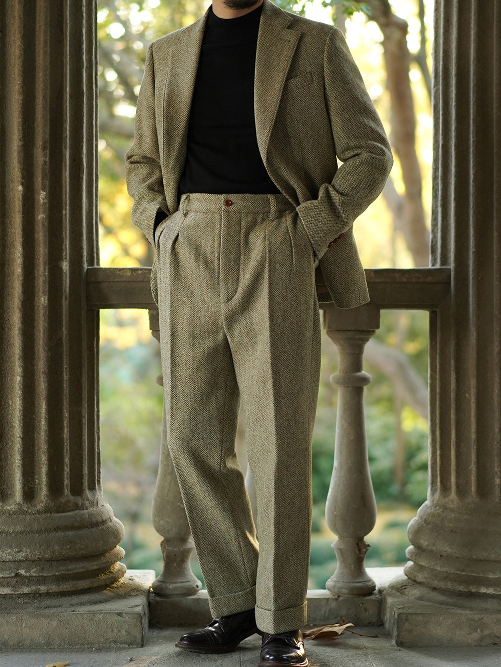 1920s Pleated Tweed Trousers Gray-green / S
