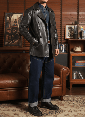 Men's Mid Length 740N Leather Pea Coat