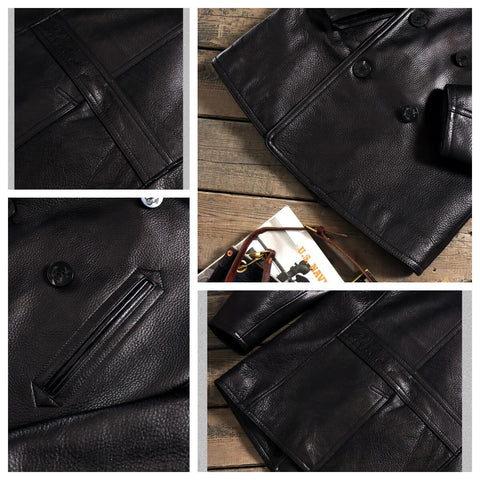 Men's 740N Leather Pea Coat, Grain Cowhide
