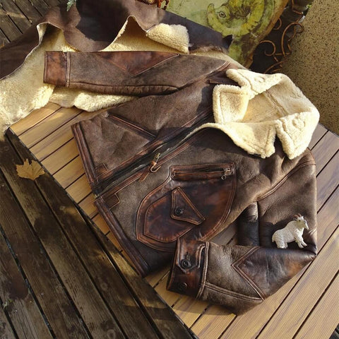 Men's Antique Leather-Trim Shearling Coat Type D3