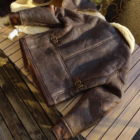 Men's Antique Leather-Trim Shearling Coat Type D3