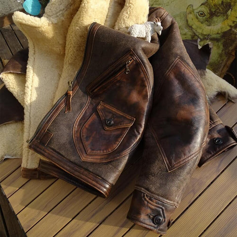 Men's Antique Leather-Trim Shearling Coat Type D3