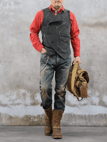 Men’s Asymmetric Biker Vest – Charcoal Black