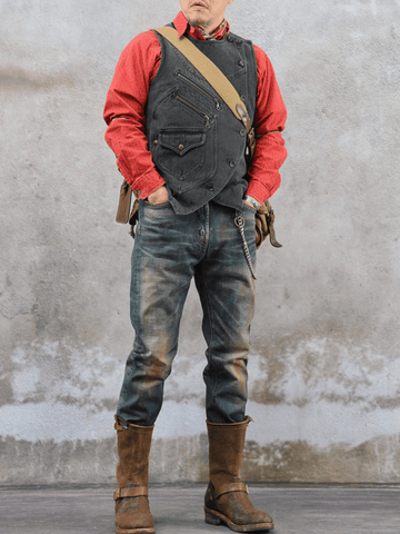 Men’s Asymmetric Biker Vest – Charcoal Black