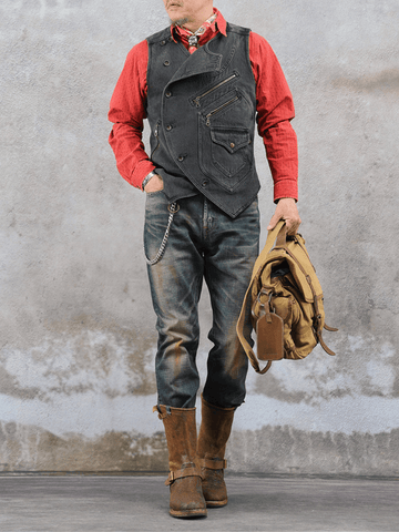 Men’s Asymmetric Biker Vest – Charcoal Black