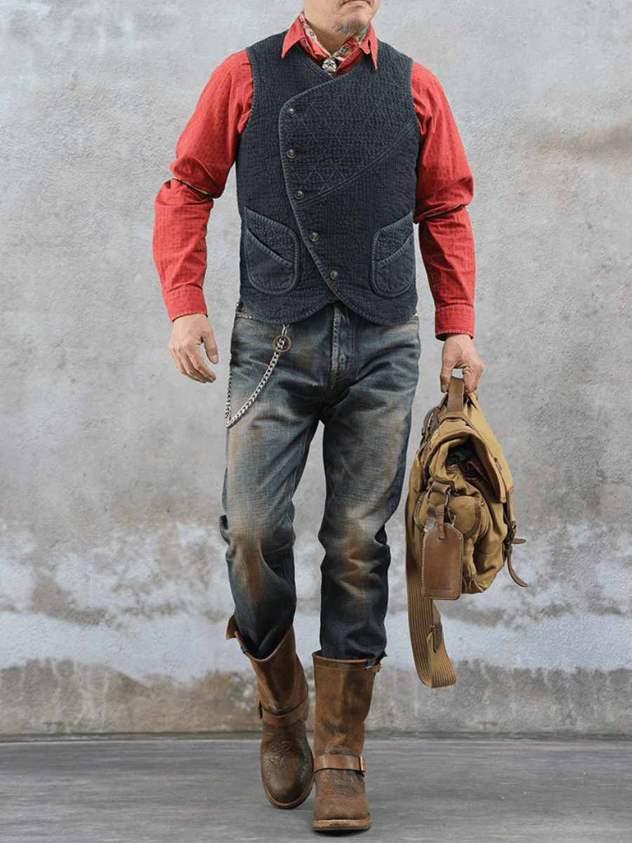 Men's Asymmetric Sashiko Kendo Vest – Charcoal Black