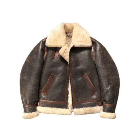 Men's B3 Bomber Shearling Coat in gray green color with a fur collar and leather details.