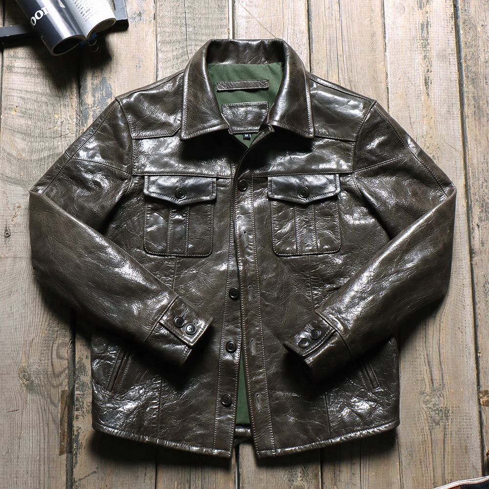 Olive green men's leather military jacket with button front closure and multiple pockets