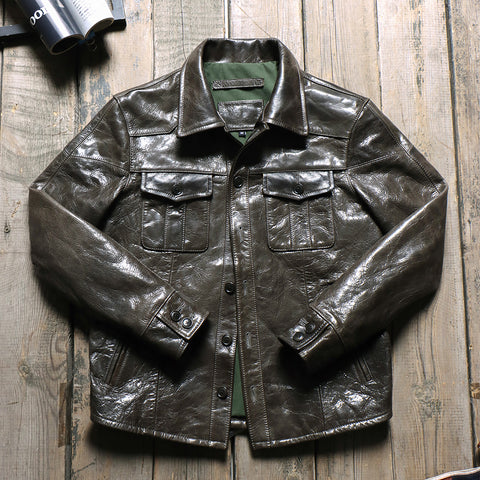 Olive green men's leather military jacket with button front closure and multiple pockets