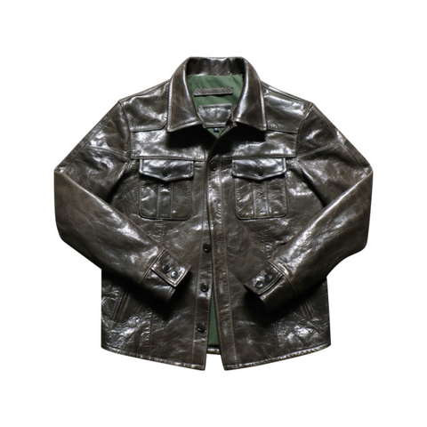Olive green men's leather military jacket with button front closure and multiple pockets