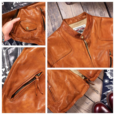 Men's Biker Leather Jacket, Yellow Brown