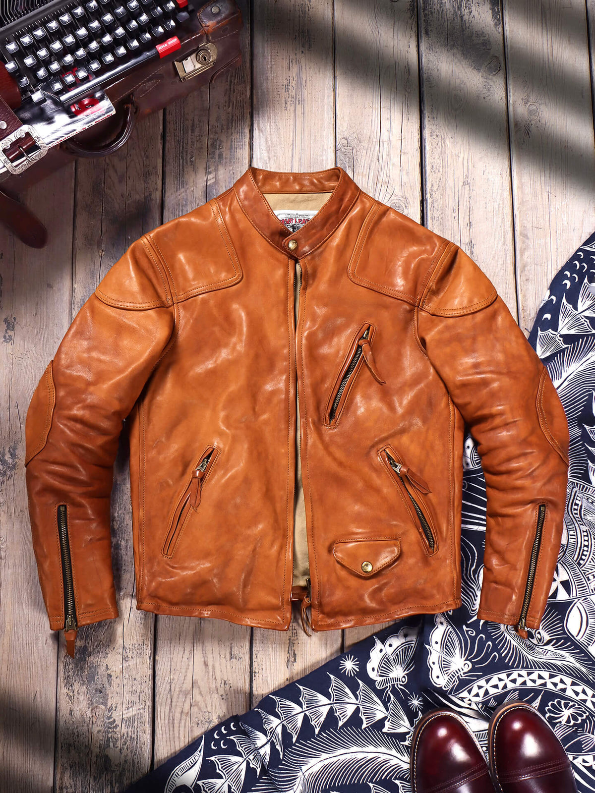 Men's Biker Leather Jacket, Yellow Brown