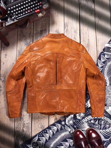 Men's Biker Leather Jacket, Yellow Brown