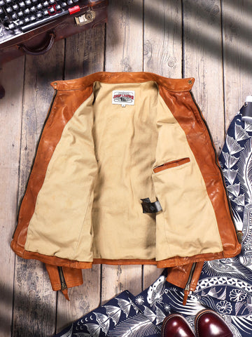 Men's Biker Leather Jacket, Yellow Brown
