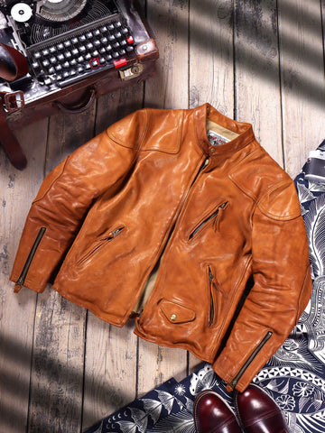 Men's Biker Leather Jacket, Yellow Brown