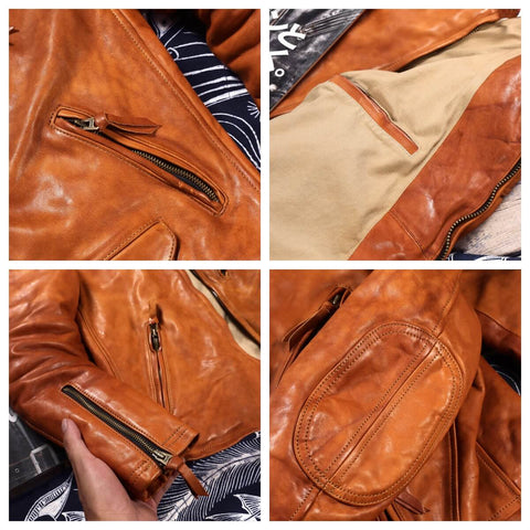 Men's Biker Leather Jacket, Yellow Brown