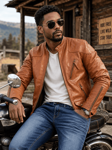 Men's Biker Leather Jacket, Yellow Brown