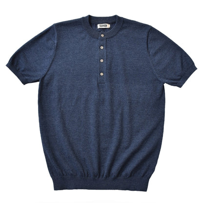 Blue Knit Henley Shirt Short Sleeves