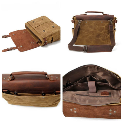 Waxed Canvas & Leather Briefcase – Shoulder/Messenger Bag