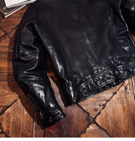 Men's Cafe Racer Leather Jacket, Washed Cowhide