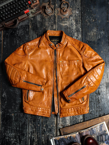 Men's Cafe Racer Leather Jacket, Yellow Brown Horsehide