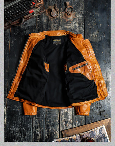 Men's Cafe Racer Leather Jacket, Yellow Brown Horsehide