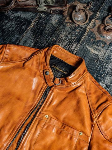 Men's Cafe Racer Leather Jacket, Yellow Brown Horsehide