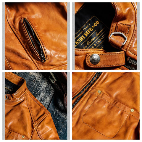 Men's Cafe Racer Leather Jacket, Yellow Brown Horsehide