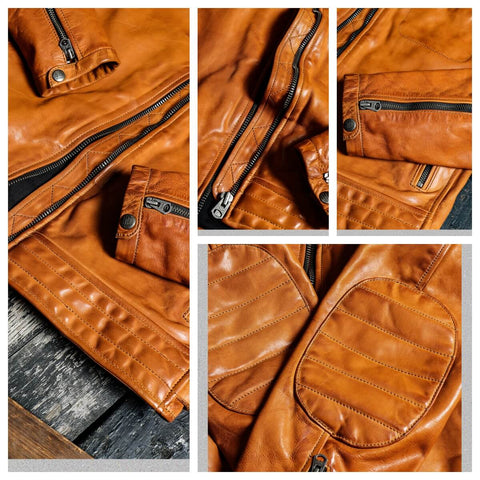 Men's Cafe Racer Leather Jacket, Yellow Brown Horsehide