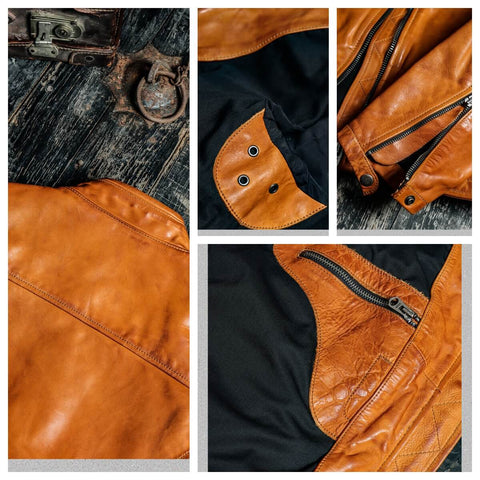 Men's Cafe Racer Leather Jacket, Yellow Brown Horsehide