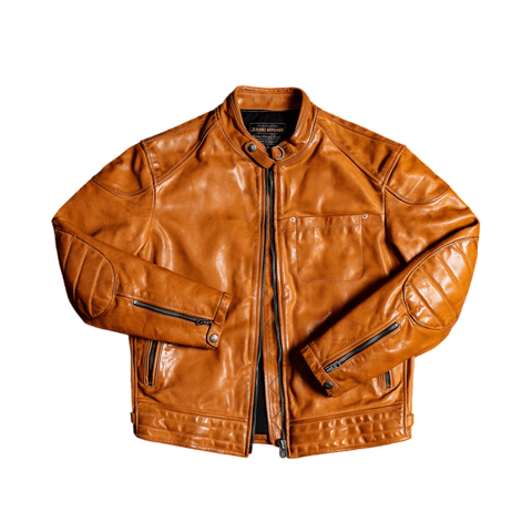 Men's Cafe Racer Leather Jacket, Yellow Brown Horsehide