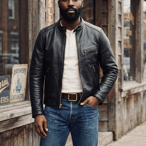 Men's Cafe Racer Leather Jacket, Washed Cowhide