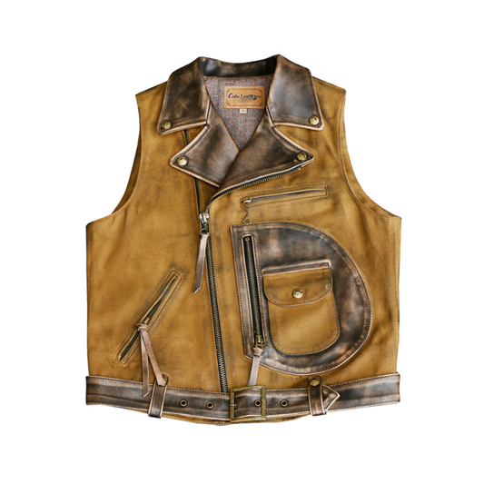 Men's Canvas Patchwork Leather Biker Vest