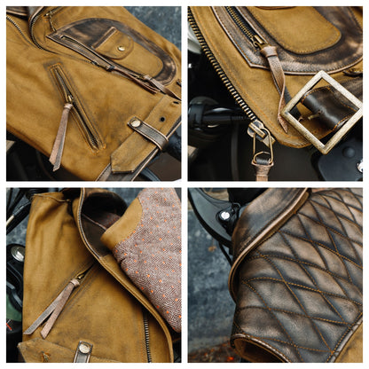 Men's Canvas Patchwork Leather Biker Vest