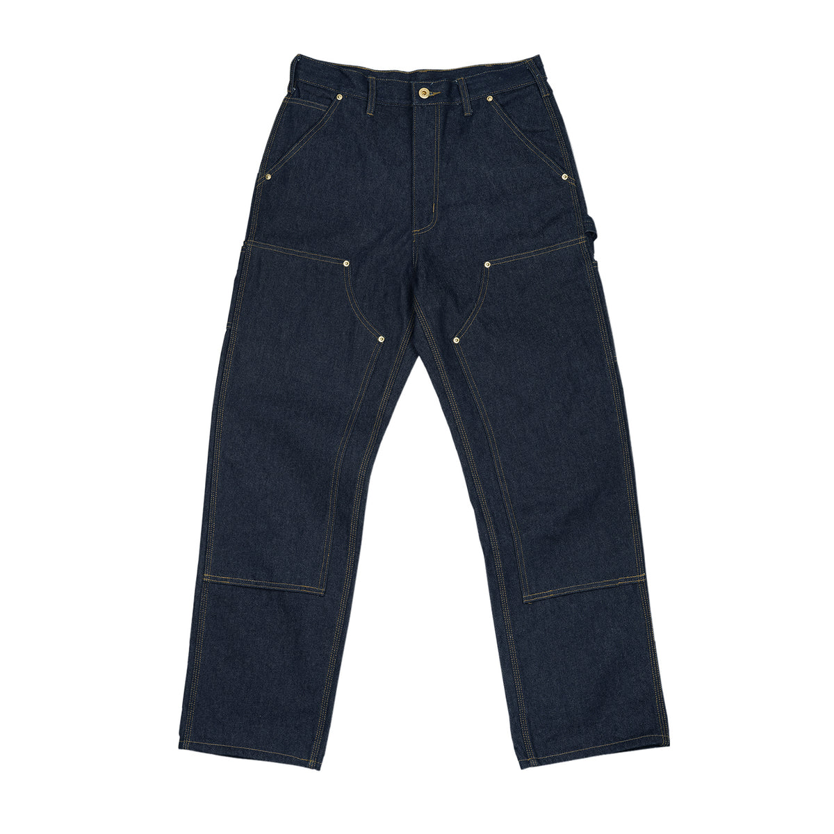 A pair of men's high-waisted carpenter jeans with multiple pockets, made from denim fabric.