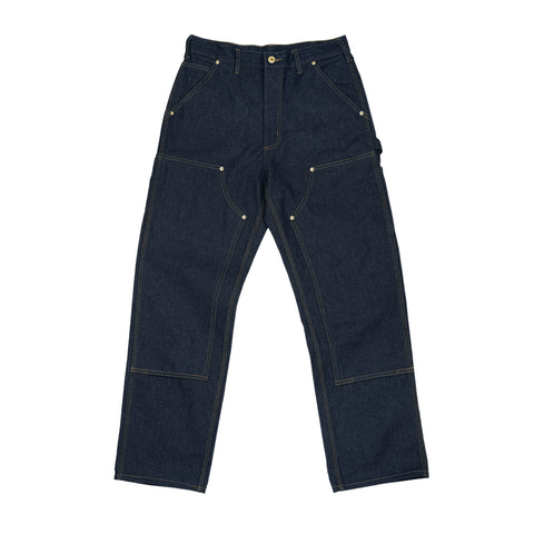 A pair of men's high-waisted carpenter jeans with multiple pockets, made from denim fabric.