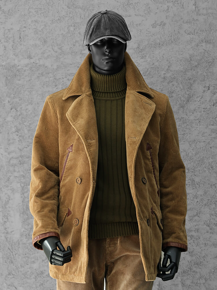 Men's Double Breasted Corduroy Pea Coat, Camel