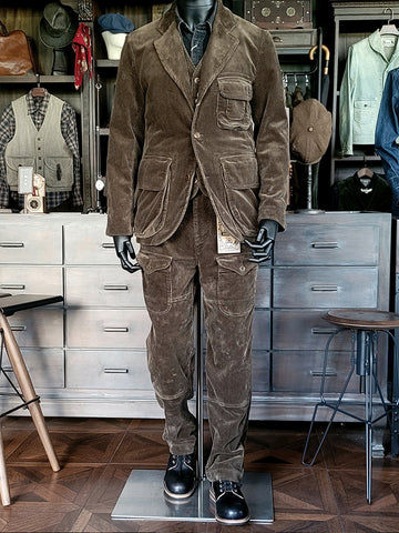メンズ コーデュロイ サファリ スーツ ジャケット ブラウン
